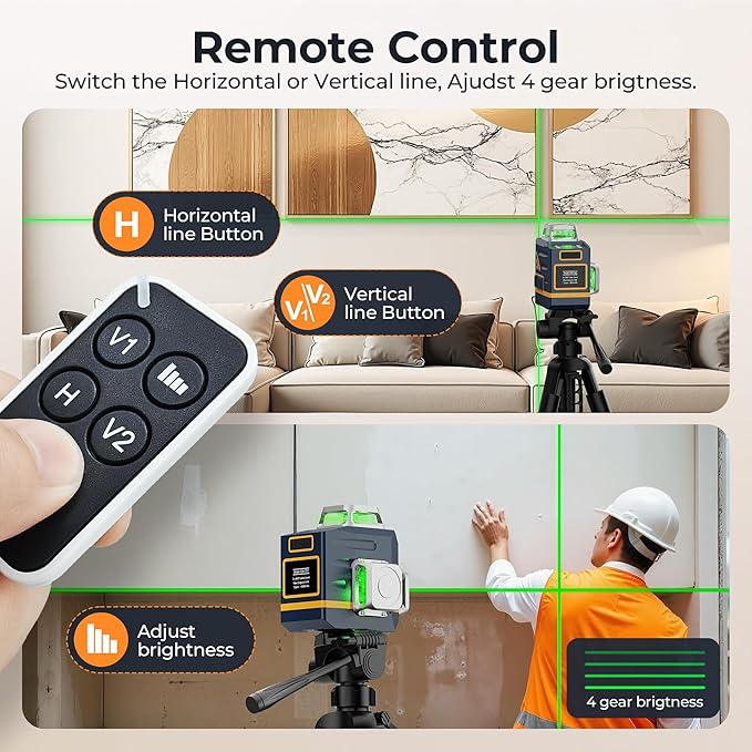 CIGMAN Laser Level Self Leveling 3x360째 3D Green Cross Line for Construction and Picture Hanging, Rechargeable battery, Remote Controller, Magnetic Rotating Stand Included