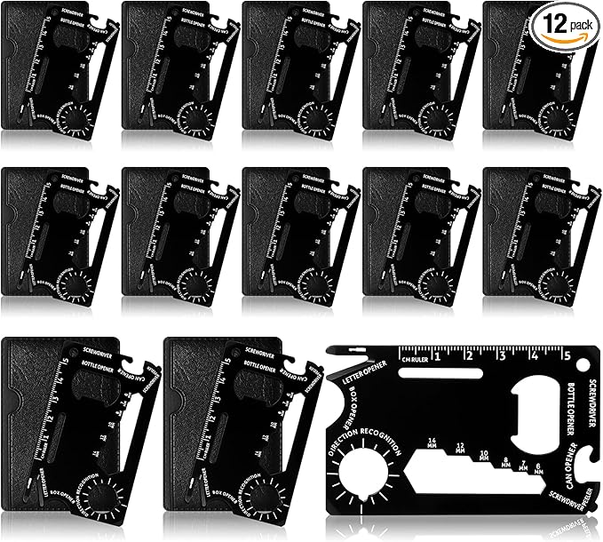 Cholemy 12 Pcs Credit Card Wallet Multitool 46 in 1 Metal Stainless Steel Survival Pocket Tool Multipurpose Bottle Opener Bulk for Men Christmas Stocking Stuffer Gift(Black,Basic Style)