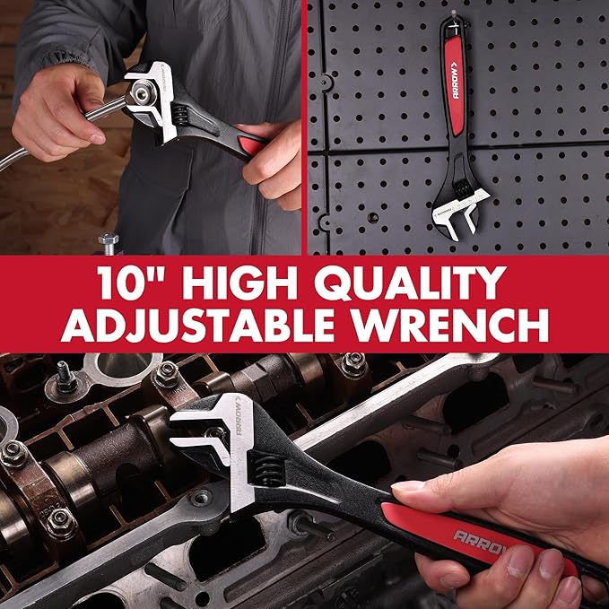 ARROW 10-Inch Adjustable Wrench, Cr-V Steel, Wide Jaw Black Oxide Wrench with Inch/Metric Laser Scales, Non-Slip Grip & Hanging Hole, for Home, Garage, Workshop and DIY
