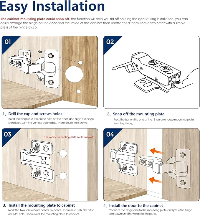 Ravinte 4 Pack 2 Pairs European Kitchen Cabinet Hinges Soft Close Insert Cabinet Door Hinges Heavy-Duty Frameless Adjustable Concealed Cabinet Cup Hinge