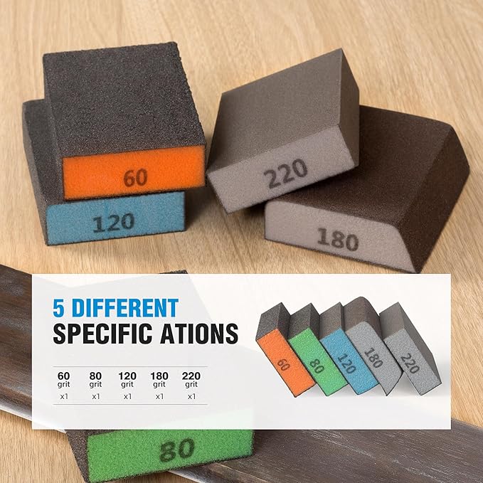 S SATC Sanding Sponge for Wood 5 Pack Sanding Blocks Set for Drywall Metal Wood 60/80/120/180/220 Grit Assortment,Washable and Reusable Sponge Sanding Blocks Sand Paper Brick