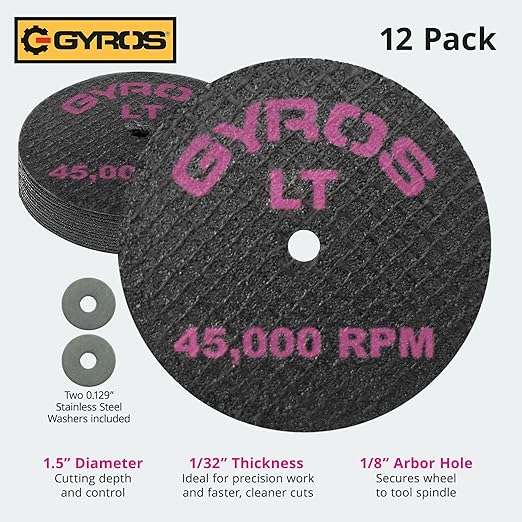 GYROS 1.5??Resin Cut-Off Wheels for Rotary Tools | 12 Double Fiberglass Reinforced Discs | For Wood, Plastic, Stone, Aluminum, Copper, Brass | Dremel Cutting Tool Accessory | Made in USA 11-32154/12