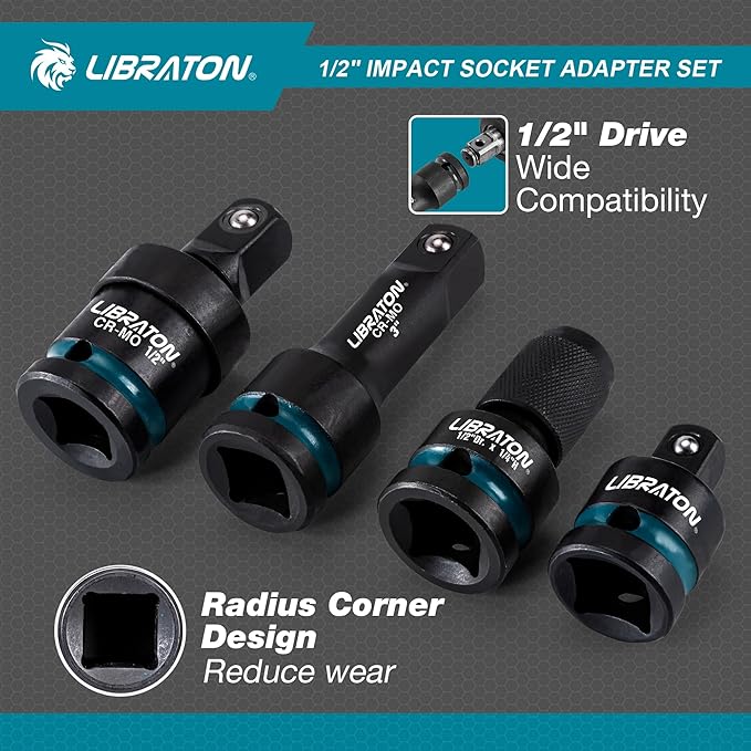 LIBRATON 1/2" Impact Socket Adapter Set 7PCS, Impact Socket Adapter Extensions 3" 6" 10", Socket Adapter Reducers, Swivel Socket, Impact to 1/4 Hex Converter, for Automotive Repair, XPE Foam