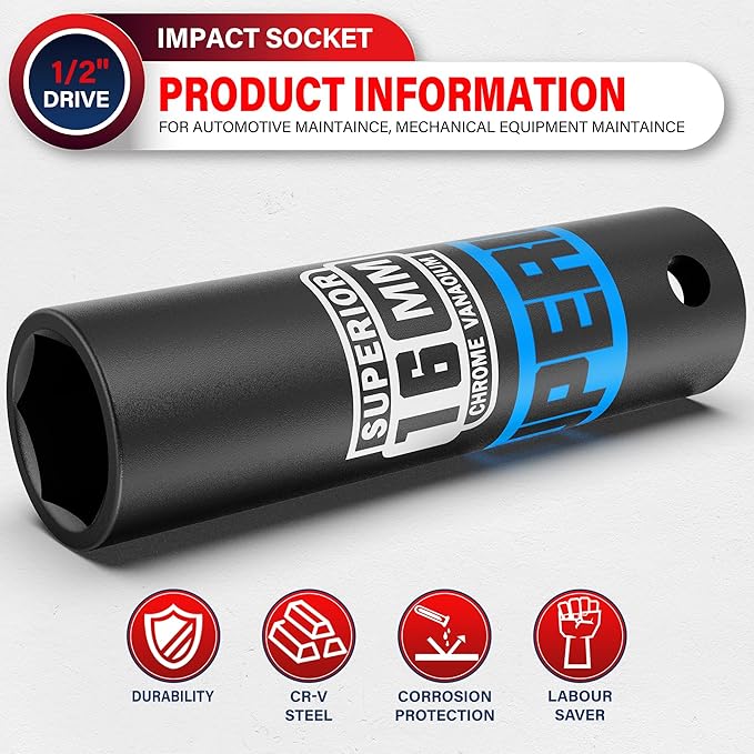 1/2" Drive Impact Socket, 16 mm Deep Socket, Metric, 6 Point, CR-V, for Automotive Maintaince, Mechanical Equipment Maintaince