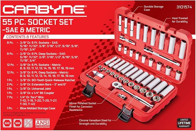 CARBYNE 55-Piece 3/8" Drive 6 Point Socket & Ratchet Set | SAE & Metric. Includes Metric 8mm to 19mm, SAE 5/16" to 3/4". Chrome Vanadium Steel ??From a Family-Run Tool Company Based in the U.S.A.
