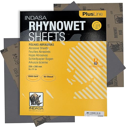 Indasa 50 PCS 9x11??Wet & Dry Sandpaper Sheets, 2500 GRIT, Rhynowet Clog-Resistant Abrasive for Wood, Metal, Auto, Paint & Clear Coat Finishing, Sand Paper Silicon Carbide, Plusline