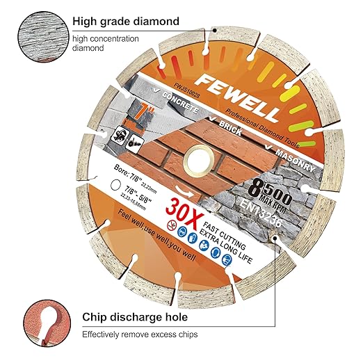 FEWELL 7 Inch Diamond Blade,Concrete Segmented Saw Blade for Angle Grinder Dry/Wet Cutting Concrete Masonry Brick Block Stone with 7/8"-5/8??Adapter