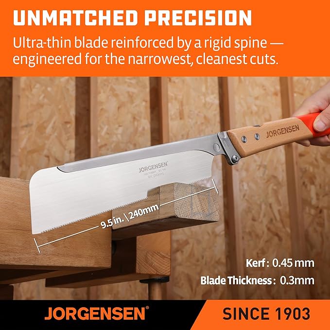 JORGENSEN Japanese Pull Saw, 9.5 Inch Pro Folding Dovetail Saw with Beech Wood Long handle, SK5 Steel Blade Tool-less Quick Change, 21TPI Cross Cut Woodworking Handsaw for Hardwood, Softwood