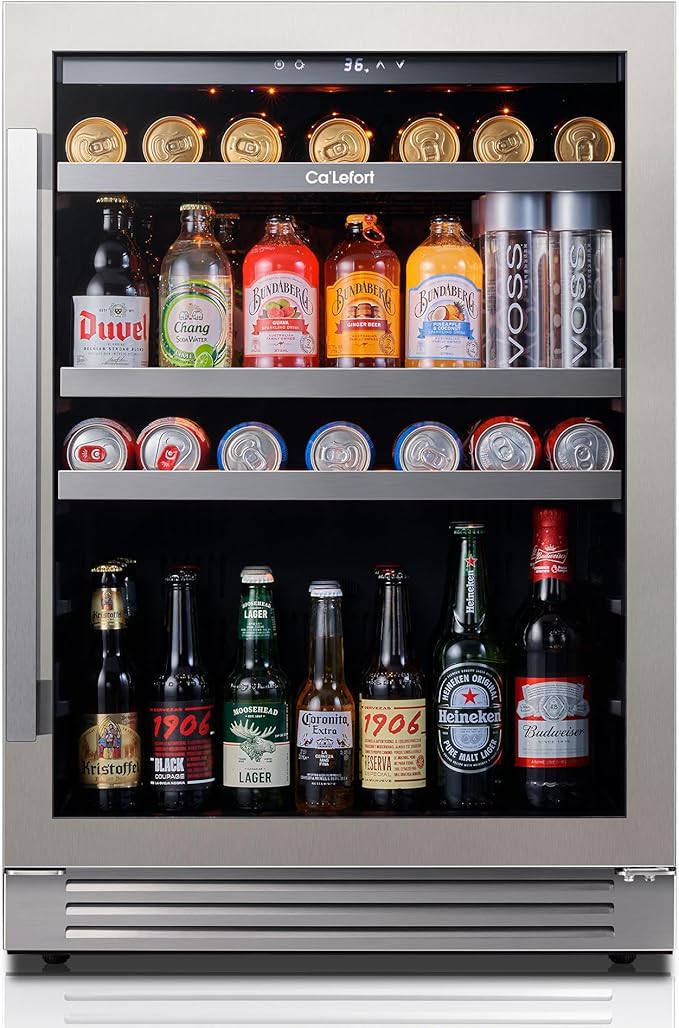 Ca'Lefort 24 Inch Beverage Refrigerator - 180 Can Beverage Fridge with 34째-54째F, Built in or Freestanding Beverage Cooler with Glass Door and 3 LED, Drink Fridge for Home/Kitchen(5.65 cu.ft)