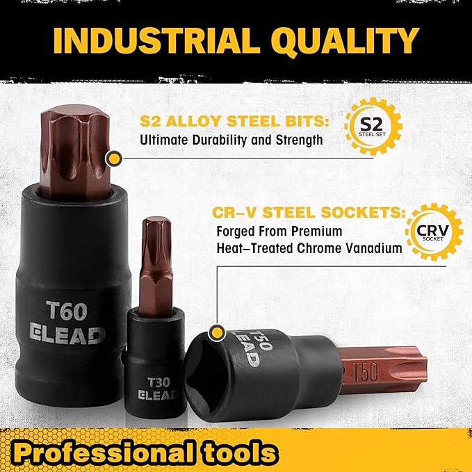 31-Piece Torx Bit Socket Set: Premium CR-V & S2 Alloy Steel, Star T8-T70 & E-Torx E4-E24, High Torque Laser Marked for Automotive Mechanic
