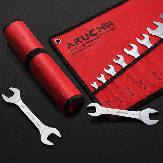 ARUCMIN Super-Thin Open End Wrench Set, 18-Piece SAE & Metric 1/4" to 1-1/16" and 5.5mm to 27mm Chrome Vanadium Steel Wrench Set with Rolling Pouch