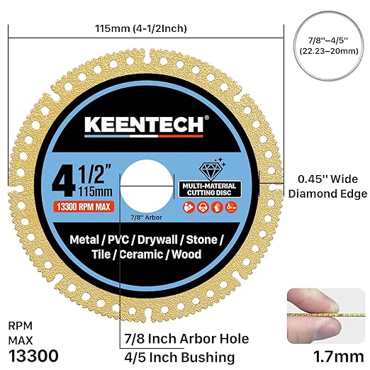 KEENTECH 4-1/2 Inch Indestructible Cut Off Disc for Angle Grinder, 7/8" Arbor, All-Purpose Cutting Disc for Metal, Stone, Tile, Wood, Concrete & PVC, 3-Pack