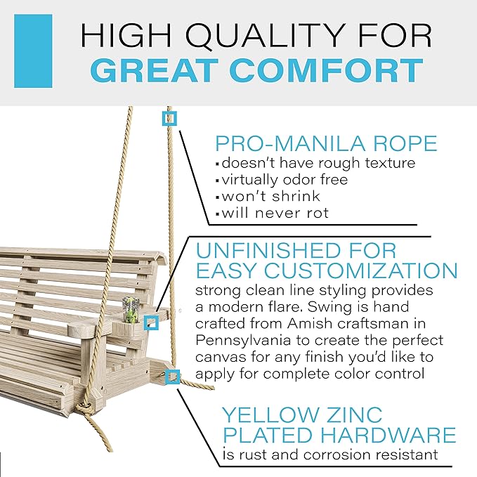 Porchgate Amish Heavy Duty 800 Lb Roll Comfort Treated Porch Swing W/Ropes (4 Foot, Unfinished)