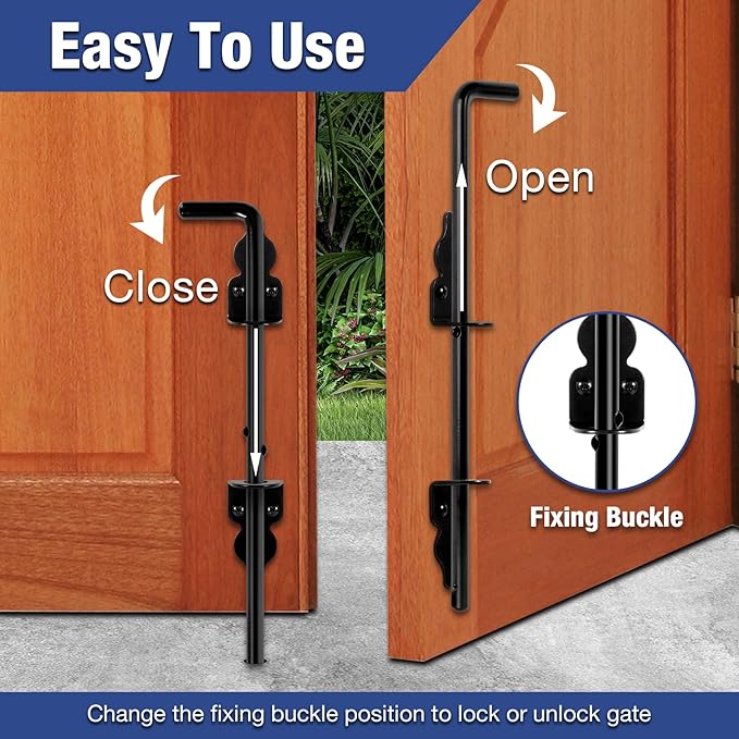 1 Pack 12" Cane Bolt Heavy Duty Drop Rod for Gate Stopper Outdoor Black Wood Fence Gate Door Kit, Exterior Interior Double Barn Bar Door Hardware Metal Holder, Foot Gate Security Latch Anchor Lock