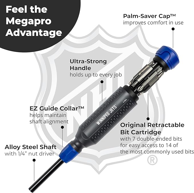 MEGAPRO짰 NHL짰 Team Edition Multi-bit Screwdriver | Officially Licensed NHL짰 Gear | Durable, Ergonomic, Pro-Grade Screwdriver (Winnipeg Jets??
