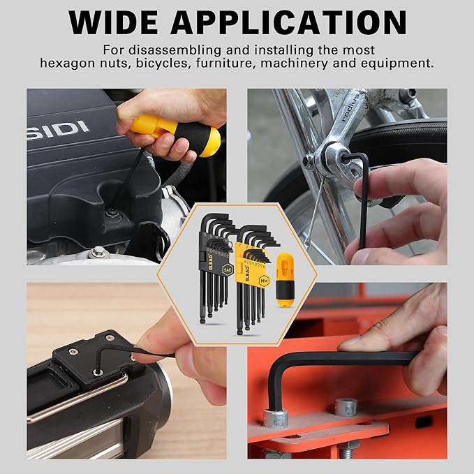 ELEAD Allen Wrench Hex Key Set: Premium 27pcs Durable Hex Key Set with Grip Handle, Long and Short Arm with Ball End, Metric & SAE Size Allen Key Set, Organized Storage