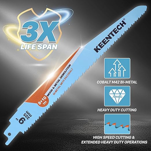 KEENTECH 9 Inch Bi-Metal Reciprocating Saw Blade 5-Pack for General Purpose Metal & Wood Demolition, 8/10 TPI, Fits Milwaukee Sawzall and Other Reciprocating Saws