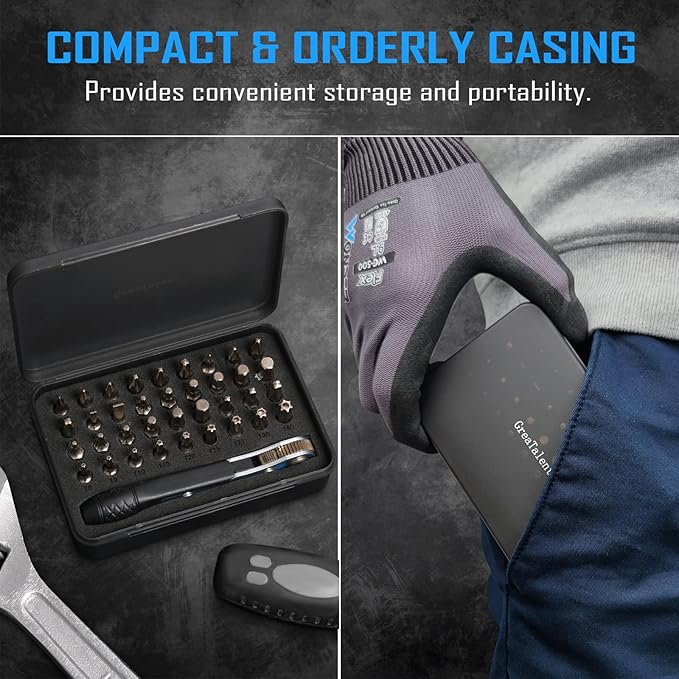 37in1 S2 Steel Mini Ratchet Wrench Screwdriver Bit Set with 1/4" Hex Shank Phillips/Pozidriv/Hexagon/Torx/Slotted/Square Bits, 36-Tooth Gear, Magnetic Bit Holder, 90 Degree Drive Handle