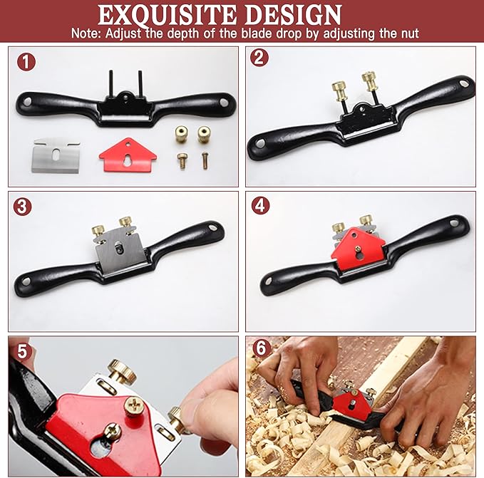 9” Adjustable SpokeShave, Hand Planer Woodworking with Flat Base, Replacement Blades and Ruler, Manual Wood Planer for Wood Working, Wood Craft