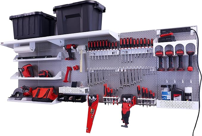 OmniWall Weekend Warrior Ultimate Tool Kit-96" x 32" Metal Pegboard Wall Storage System Silver/White