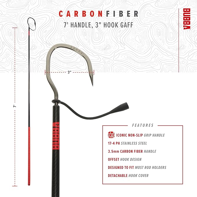 BUBBA 7 Foot Gaff with 3 Inch Stainless Steel Offset Hook, Non-Slip Grip Handles and Carbon Fiber Shaft for Fishing, Boating and Outdoors