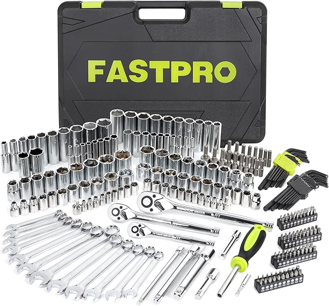 FASTPRO 249-Piece Mechanics Tool Set, 1/2", 3/8", 1/4" Socket Set, SAE and Metric Socket Wrench Set, Include Combination Wrenches, Ratchets, Hex Keys, Tool Kit for Auto Repairs and Maintenance