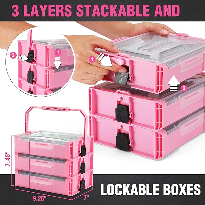 WORKPRO Pink Tool Set with Drill, 43PCS Power Drill Set with Toolbox, 8V Lithium-ion Cordless Drill and Bits, 2.0 Ah Portable Electric Screwdriver Home Tool Set with Stackable Box- Pink Ribbon