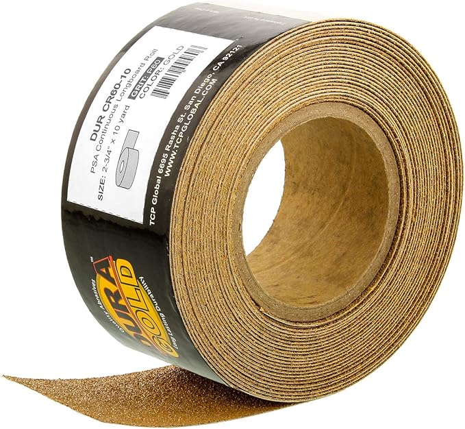 Dura-Gold Premium Gold 60 Grit PSA Longboard Sandpaper, 10 Yard Roll, 2-3/4" Wide, Self Adhesive Stickyback, Woodworking & Automotive Sandpaper Roll, Air File Sand Paper, Auto Sanding Blocks