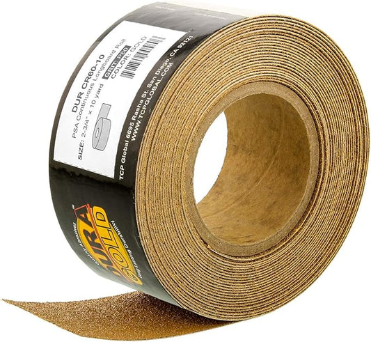 Dura-Gold Premium Gold 60 Grit PSA Longboard Sandpaper, 10 Yard Roll, 2-3/4" Wide, Self Adhesive Stickyback, Woodworking & Automotive Sandpaper Roll, Air File Sand Paper, Auto Sanding Blocks
