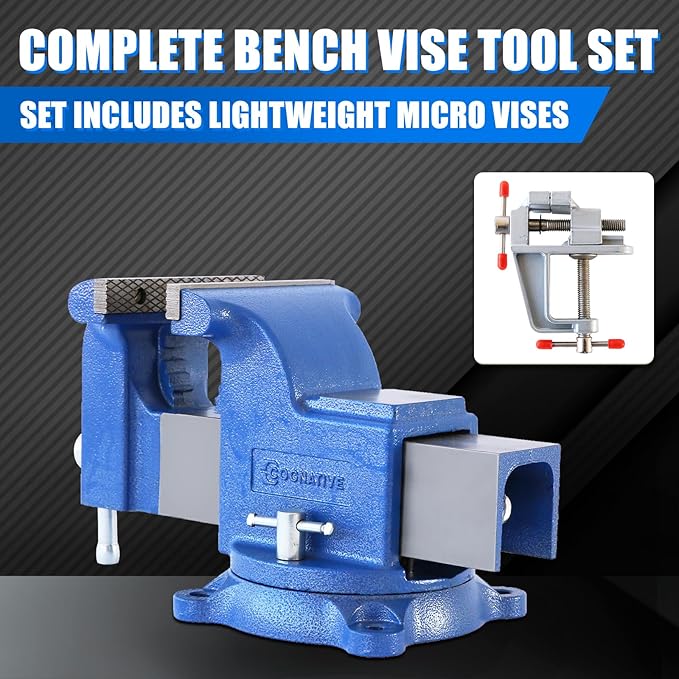 COGNATIVE 6" Heavy-Duty Bench Vise 13200LBS Stronger Clamping Force Ductile Iron Bench Vise 6 Inch 360째 Swivel Bench Vice with Anvil Blue, Include Mini Bench Vice Clamp
