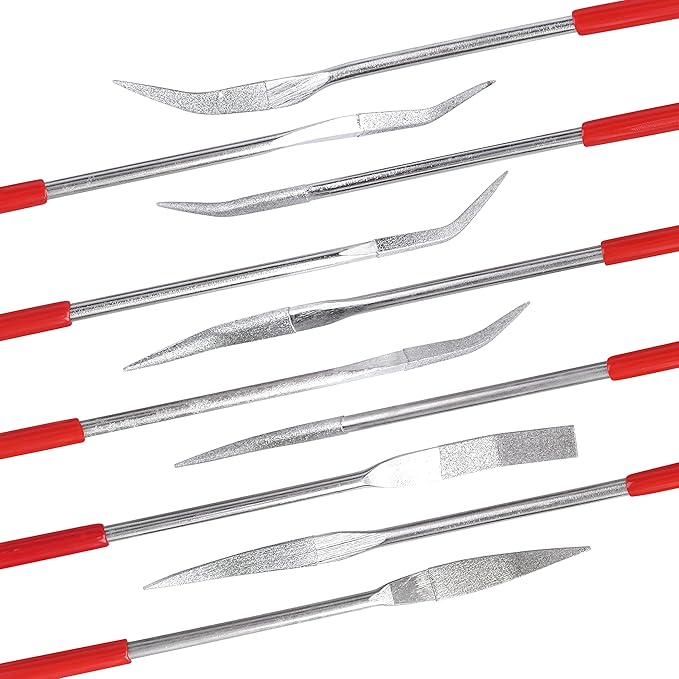 YAKAMOZ 10PCS Curved Mini Diamond Needle File Set Bent Small Metal Riffler Files Hand Tools for Glass Wood Stone Jewelry - Round Triangular Square Flat Shape 3x140mm
