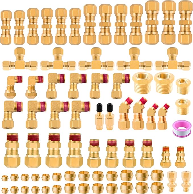 85Pcs DOT Air Brake Line Fittings,1/4" 1/8" 3/8" 1/2" Brass DOT Compression Air Nylon Tubing Fittings Assortment Repair Kit for Truck or Industrial Air System