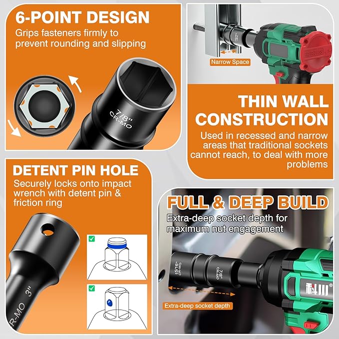 6PCS Lug Nut Impact Socket Set, XEWEA 1/2" Drive 8-IN-4 Flip Socket Design Metric 17 19 21 22 mm & SAE 3/4 13/16 7/8 15/16 in,Dual-End Thin Wall Nut Sockets with 3" Extension Bar & Knockout Bar