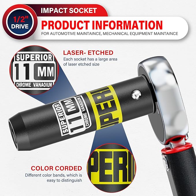 1/2" Drive Impact Socket, 11 mm Deep Socket, Metric, 6 Point, CR-V, for Automotive Maintaince, Mechanical Equipment Maintaince