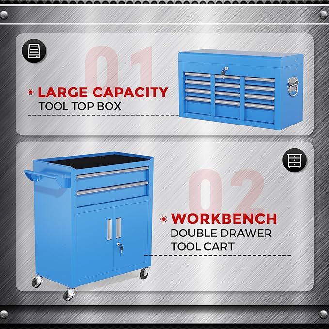 INTERGREAT 8 Drawers Tool Chest, 42'' Large Rolling Tool Chest, Detachable Top Tool Box, and Locking Mechanism, Metal Tool Cart with Liner and 6 Hooks for Garage, Workshop, Blue
