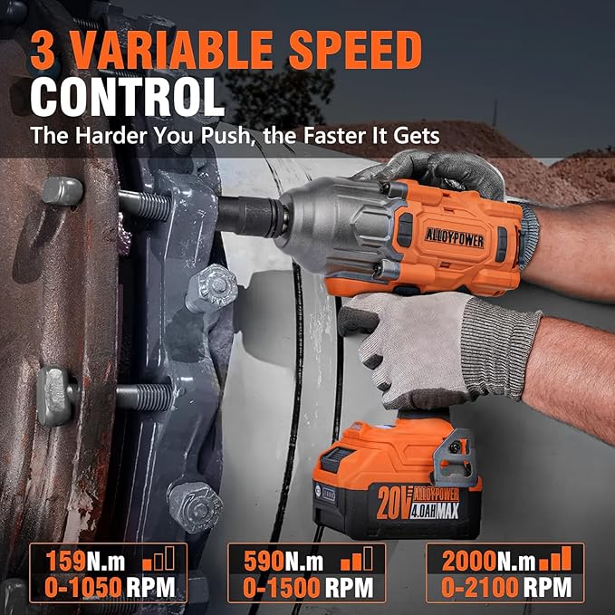 ALLOYPOWER Cordless Brushless Impact Wrench, 1475 ft-lbs (2000N.m), 1/2 High Torque power impact gun, 3-Mode Speed, 4000mAh Battery, 3 Sockets, Electric Impact Wrench Set for Car Tire Truck RV Mower