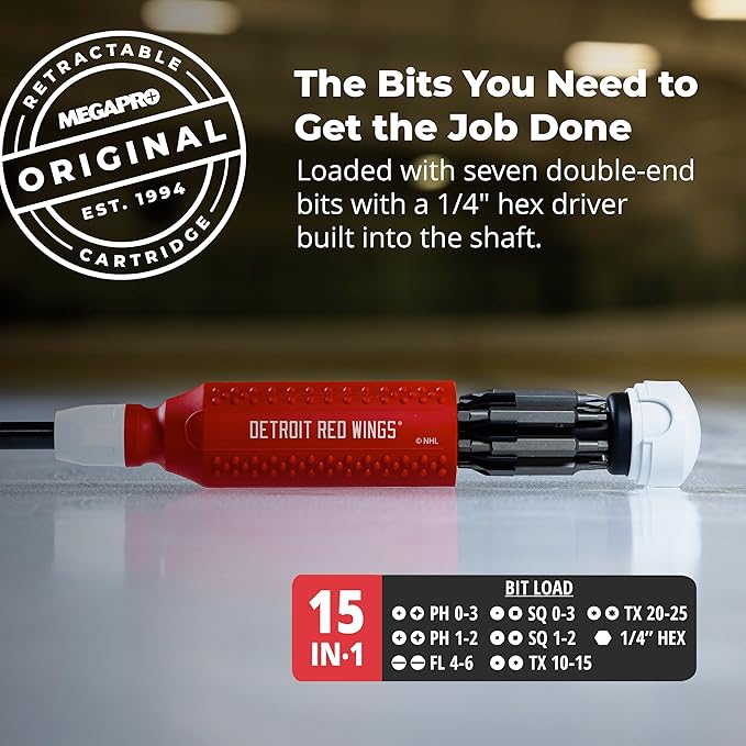 MEGAPRO짰 NHL짰 Team Edition Multi-bit Screwdriver | Officially Licensed NHL짰 Gear | Durable, Ergonomic, Pro-Grade Screwdriver (Detroit Red Wings짰)