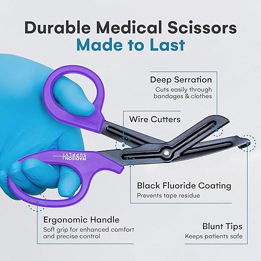 Madison Supply Medical Scissors, EMT and Trauma Shears - 7.5 Inch Quality Stainless Steel Bandage Scissors - Fluoride-Coated with Non-Stick Blades - 2 Pack (Pink/Purple)