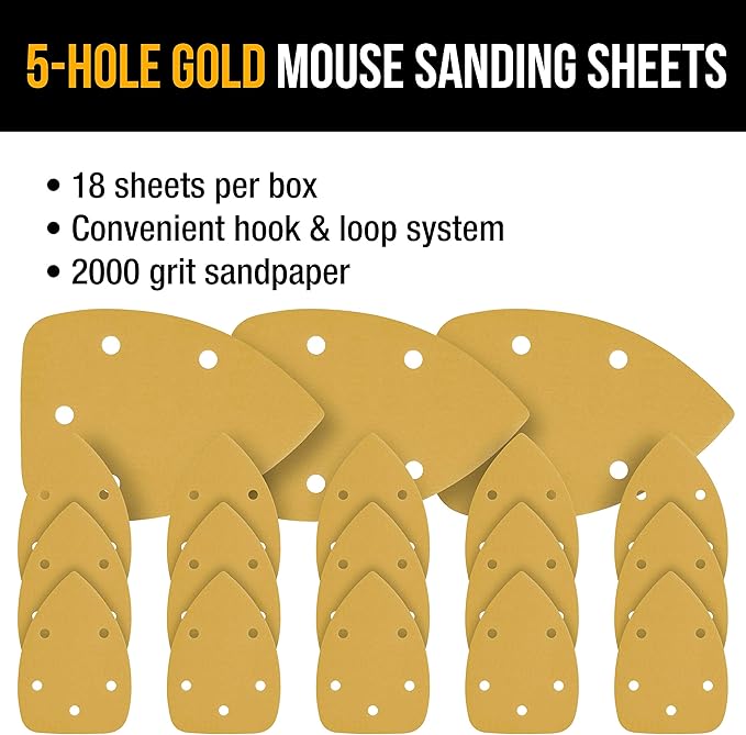 Dura-Gold Premium Mouse Detail Sander Sandpaper Sanding Sheets - 2000 Grit (Box of 18) - 5 Hole Pattern Hook & Loop Triangle Mouse Discs - Woodworking Wood Crafting, Automotive Color Sanding Polishing
