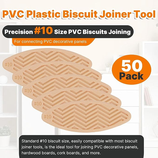 50 Pack PVC Plastic Biscuit Joiner Tool #10, Wood Color Joiner Biscuits for Connecting PVC Decorative Panels, Woodworking, Biscuit Connector for Furniture Frames, Door Frames, Countertop Joiner
