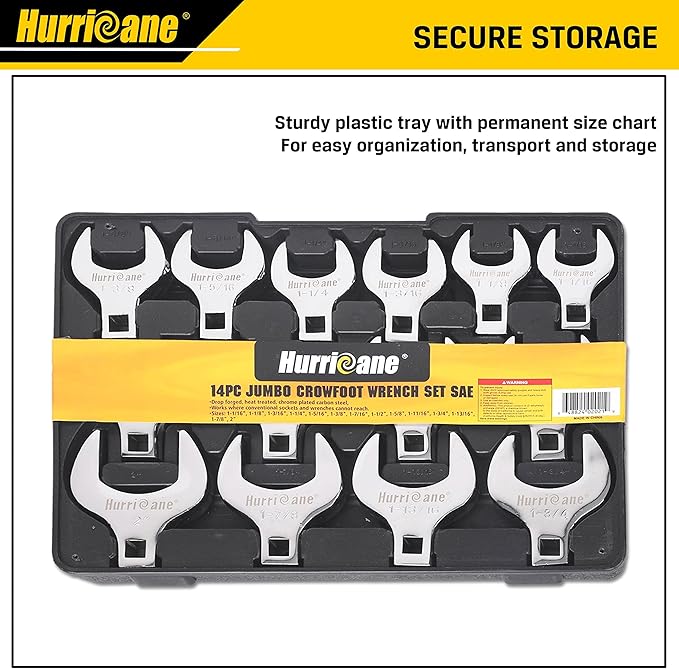 HURRICANE 1/2??Drive Crowfoot Wrench Set, 14 Piece Jumbo Crowfoot Flare Nut Wrench Tool Set, SAE Sizes from 1-1/16" to 2" with Storage Tray, With Fully Polished Chrome Finished