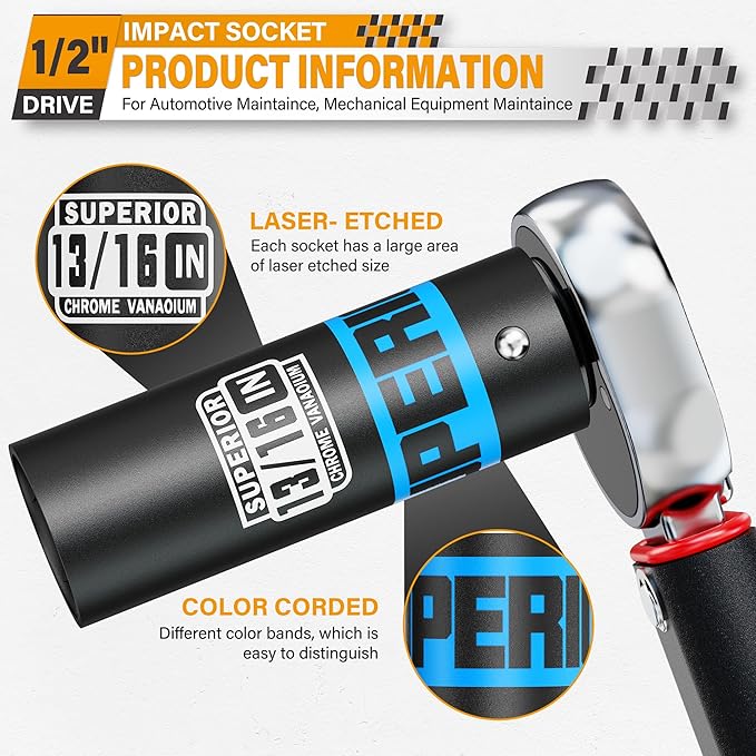 1/2" Drive Impact Socket, 13/16 inch Deep Socket, SAE, 6 Point, CR-V, for Car Repair, Loosen the Fastening Nut