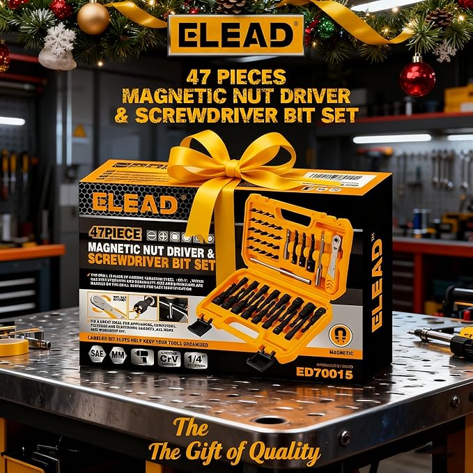 ELEAD 47-Piece Magnetic Nut Driver & Screwdriver Bit Set - Strong Magnetic Nut Drivers for Impact Drill, Power Nut Driver, Screwdriver Bit, Mini Ratcheting Wrench, Drill Bit Extension & Socket Adapter