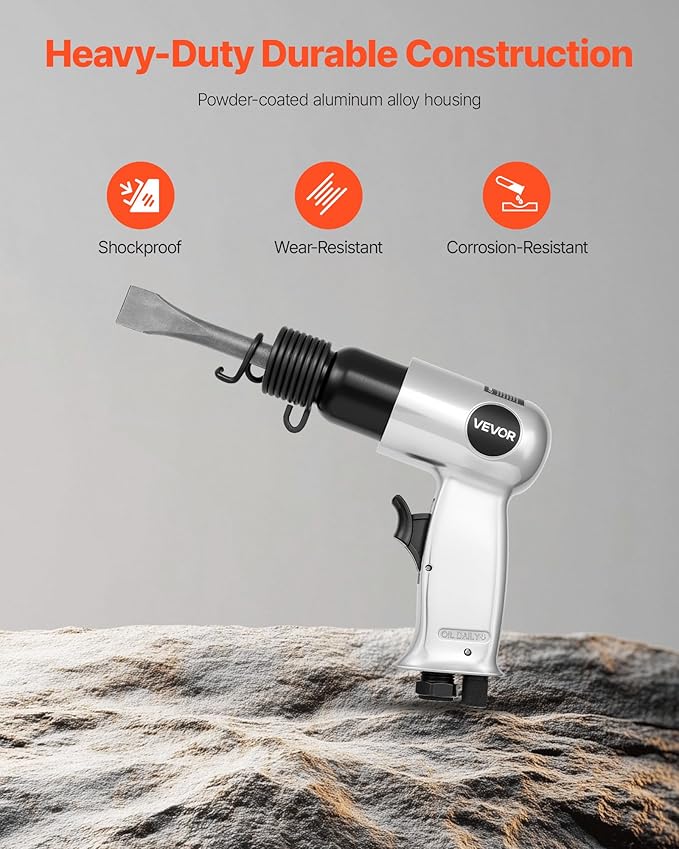 VEVOR Air Hammer, 4500BPM Pneumatic Hammer with 1.57-inch Stroke & 4PCS Chisels Round Shank, Lightweight & Compact Air Chisel Pneumatic Shovel Tool for Cutting Punching Scraping
