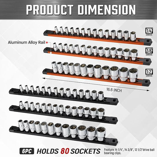 ALOANES 6-Piece Magnetic Socket Organizer, Heavy Duty Aluminum Socket Rails Organizer, 360째 Swivel Clips Socket Holder Kit for Tool Box, 1/2, 3/8, 1/4-Inch Socket Holder x 80 Clips (Black&Orange)