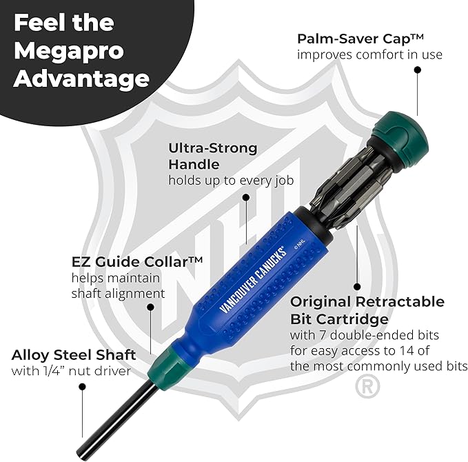 MEGAPRO짰 NHL짰 Team Edition Multi-bit Screwdriver | Officially Licensed NHL짰 Gear | Durable, Ergonomic, Pro-Grade Screwdriver (Vancouver Canucks짰)