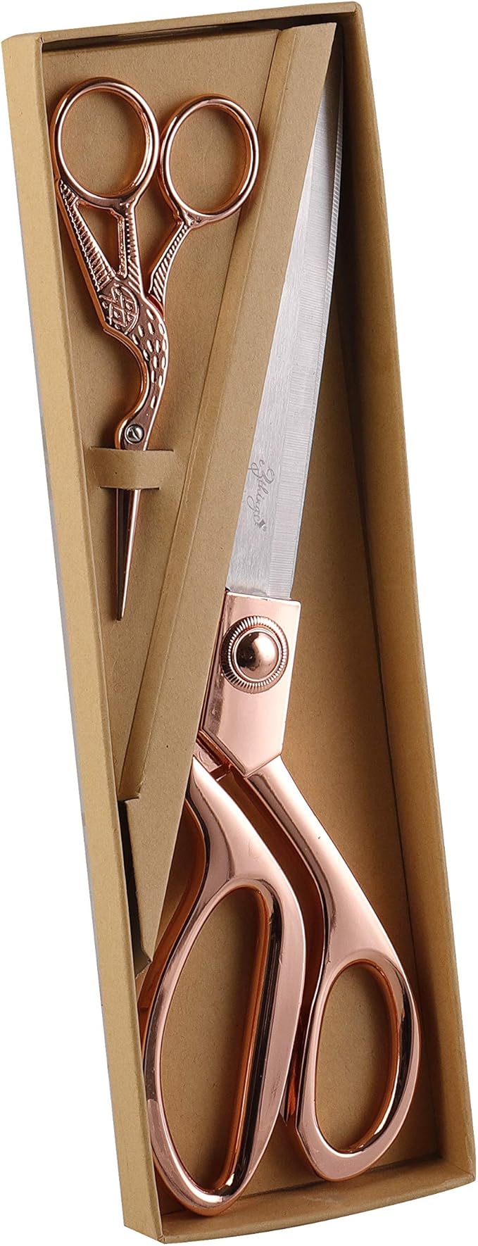 eZthings짰 10" + 4.5" Sewing Shears + Embroidery Stork Scissors Titanium Stainless Steel Ultra Sharp Tailor Dressmaker's Set for Cutting Fabric, Canvas, Denim (10 Inch + 4.5" Set Rose Gold)