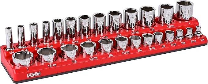 ARES 70234-26-Piece 3/8-Inch SAE Magnetic Socket Organizer - Holds 13 Standard Size and 13 Deep Size Sockets - Keep Your Tool Box Organized