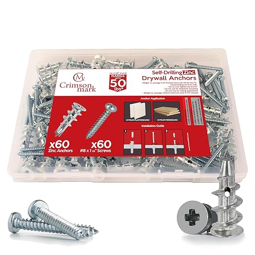 120Pcs Zinc Self Drilling Drywall Anchors and Screws kit #8 x 1-1/4?? Metal Wall Anchors for Drywall Heavy Duty, Holds Upto 50lbs ??No Drill Hole Required with Dry Wall Screws and Anchors