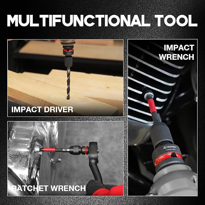 EZARC 4 Pcs Impact to 1/4 Hex Converter, 1/2 3/8 1/4-Inch Square Drive Sockets to 1/4-Inch Hex Adapter, Impact Wrench Adapters for Ratchet Wrench Drivers, Impact Bit Holders, Quick-Change Chuck